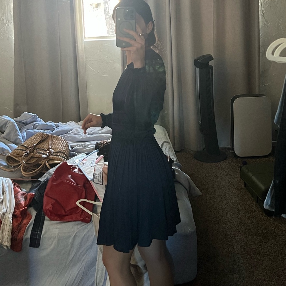 Black Long-Sleeve Pleated Waist Dress - Classic Women's Dress